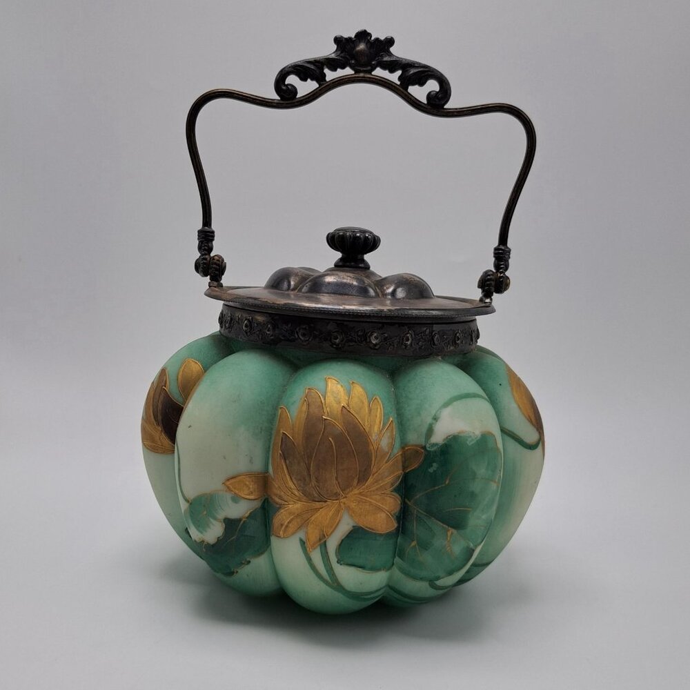 Mount Washington Green Satin Hand Painted Melon Ribbed Biscuit Jar